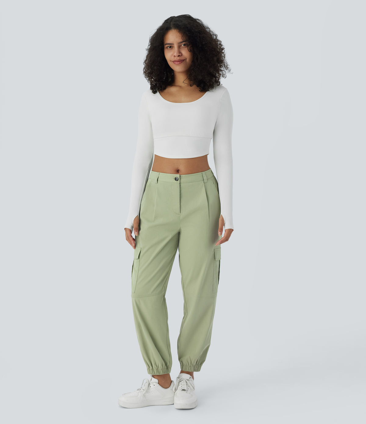 Mid Rise Button Zipper Multiple Pockets Casual Cargo Joggers — Lint — view 6