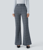 High Waisted Decorative Pocket Houndstooth Plaid Work Flared Trousers — Navy Blue Houndstooth Plaid — view 6