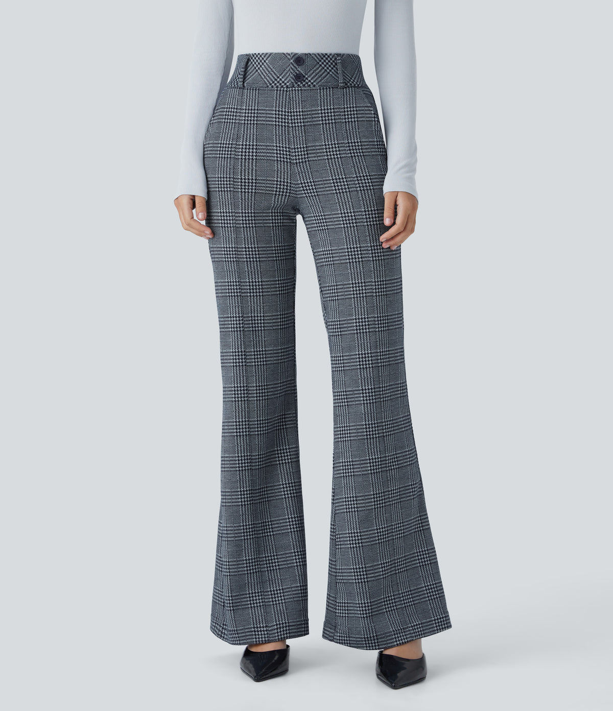 High Waisted Decorative Pocket Houndstooth Plaid Work Flared Trousers — Navy Blue Houndstooth Plaid — view 6