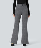 High Waisted Decorative Pocket Houndstooth Plaid Work Flared Trousers — Dark Gray Plaid — view 1