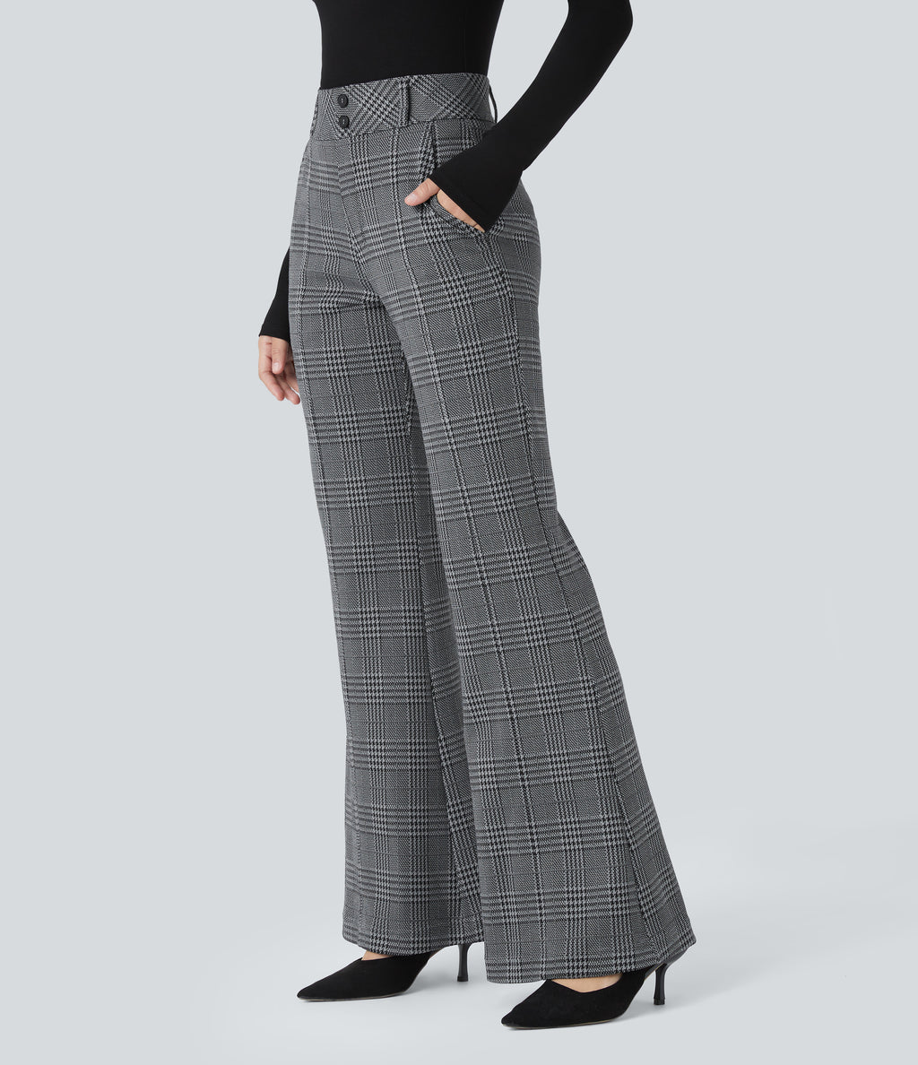 High Waisted Decorative Pocket Houndstooth Plaid Work Flared Trousers — Dark Gray Plaid — view 3
