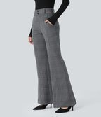 High Waisted Decorative Pocket Houndstooth Plaid Work Flared Trousers — Dark Gray Plaid — view 3