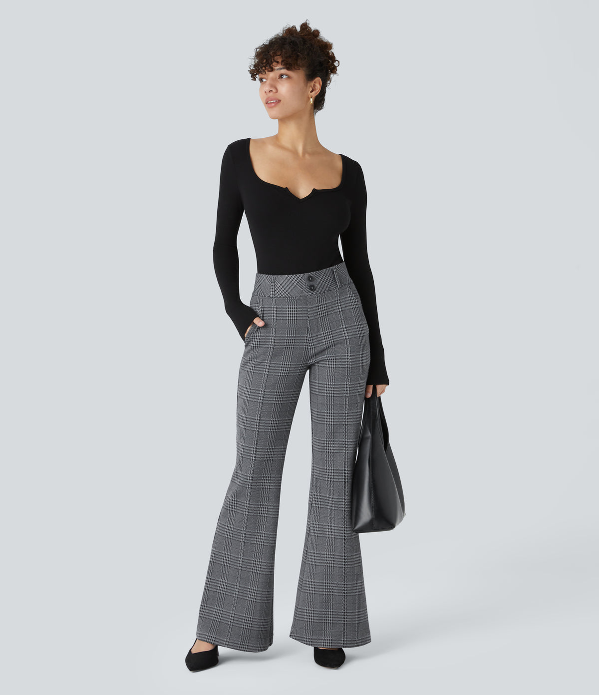 High Waisted Decorative Pocket Houndstooth Plaid Work Flared Trousers — Dark Gray Plaid — view 5