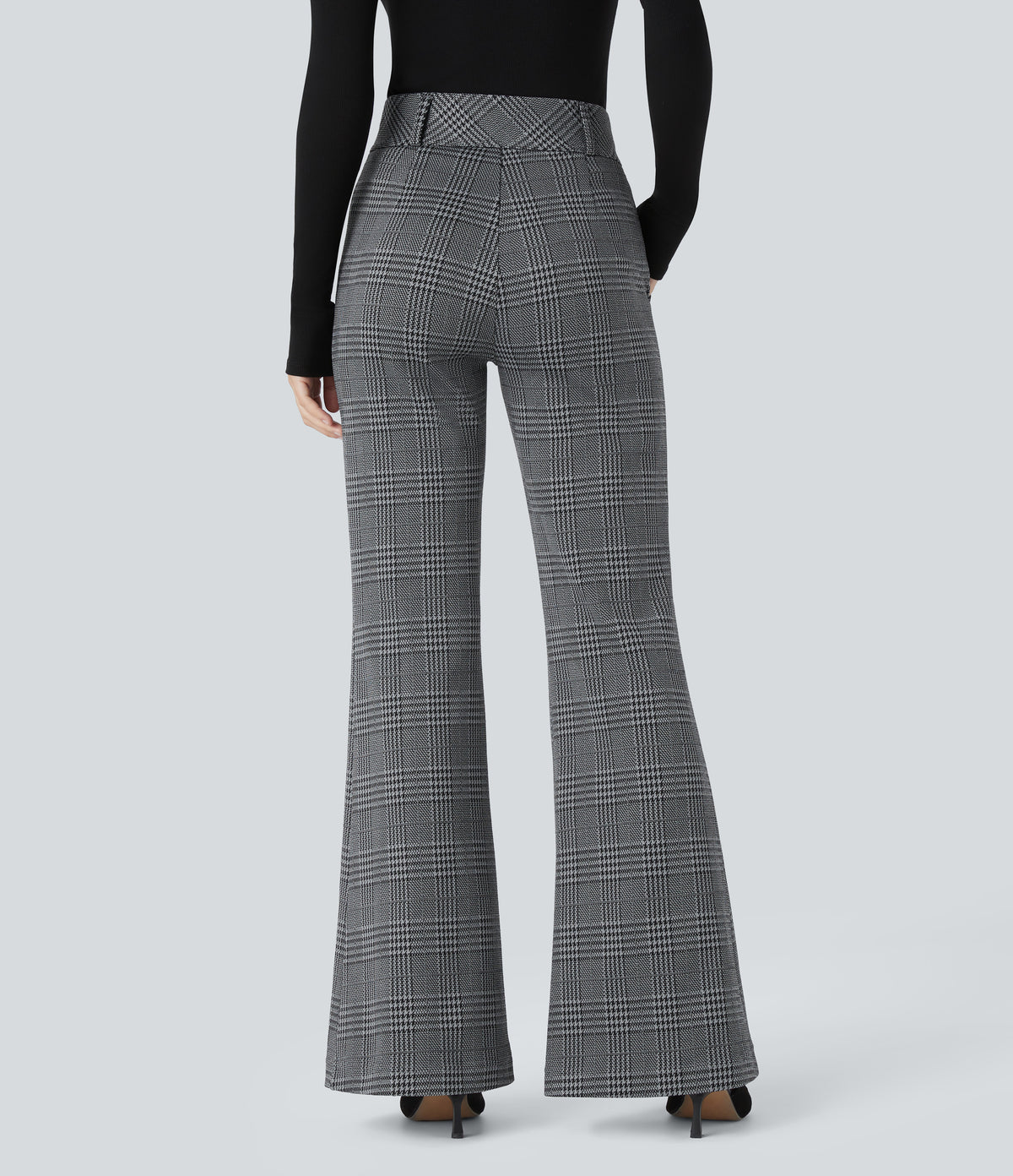 High Waisted Decorative Pocket Houndstooth Plaid Work Flared Trousers — Dark Gray Plaid — view 2