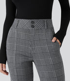 High Waisted Decorative Pocket Houndstooth Plaid Work Flared Trousers — Dark Gray Plaid — view 4