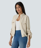 Stand Collar Roll Tab Sleeve Flap Pocket Inside Drawstring Hem Zip Casual Jacket — Arctic Wolf — view 3