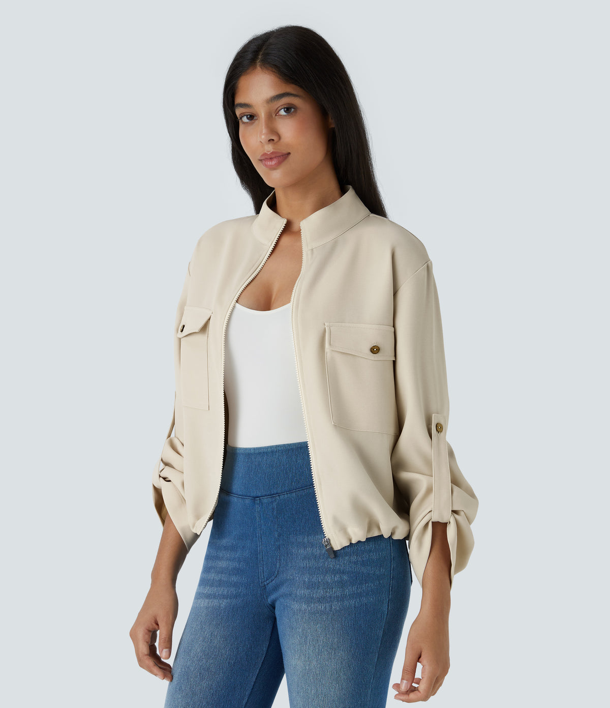 Stand Collar Roll Tab Sleeve Flap Pocket Inside Drawstring Hem Zip Casual Jacket — Arctic Wolf — view 3