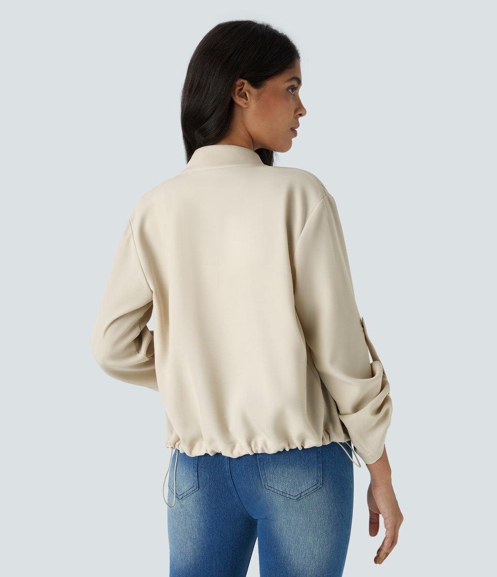 Stand Collar Roll Tab Sleeve Flap Pocket Inside Drawstring Hem Zip Casual Jacket — Arctic Wolf — view 2
