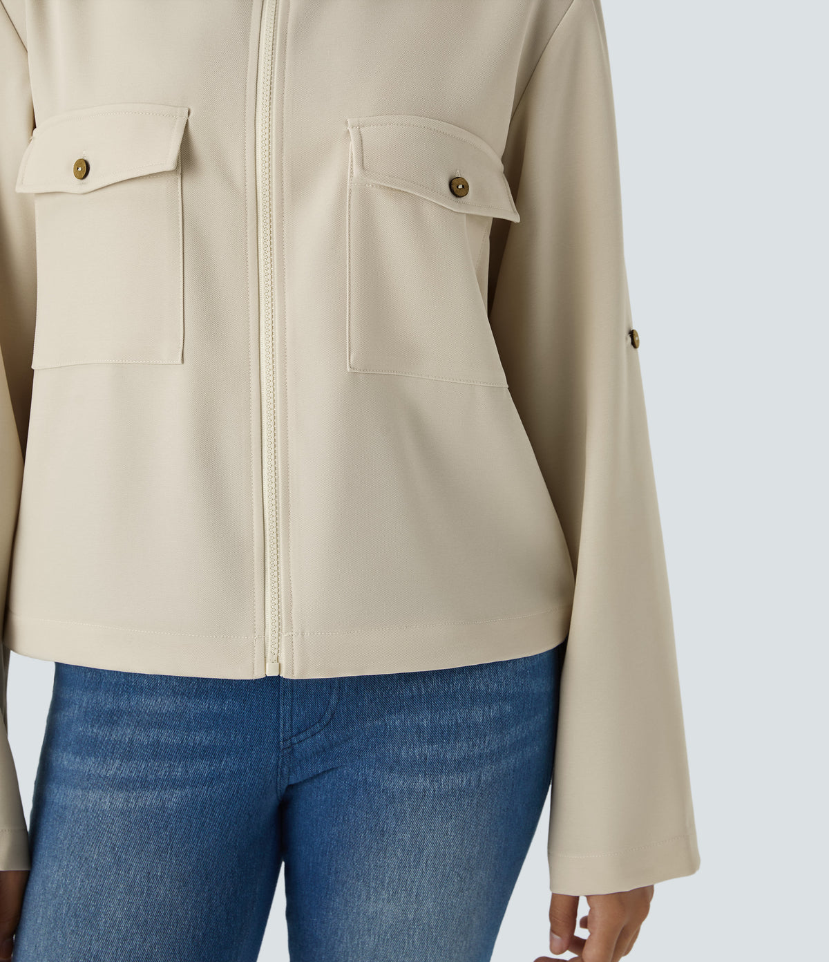 Stand Collar Roll Tab Sleeve Flap Pocket Inside Drawstring Hem Zip Casual Jacket — Arctic Wolf — view 5