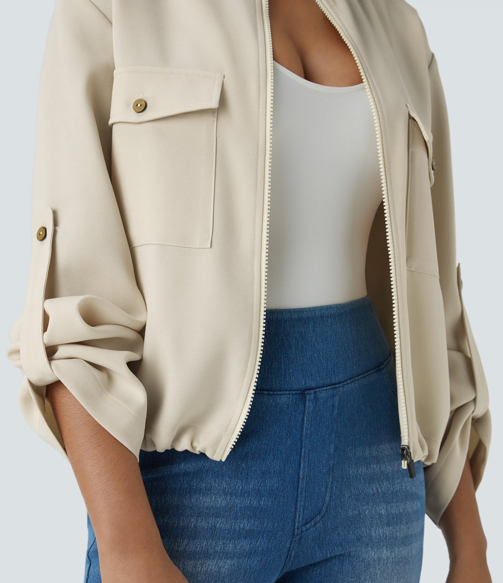 Stand Collar Roll Tab Sleeve Flap Pocket Inside Drawstring Hem Zip Casual Jacket — Arctic Wolf — view 4