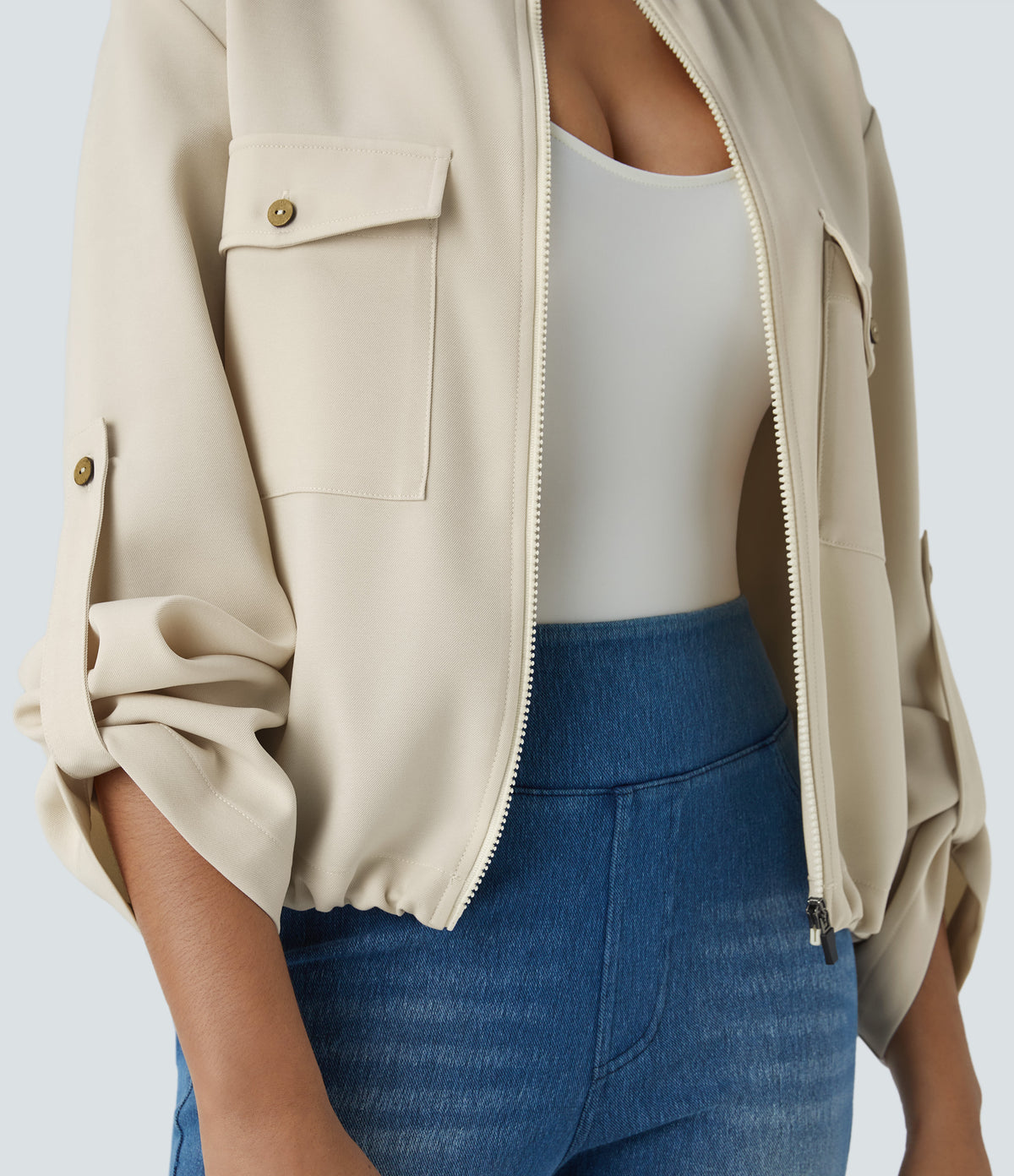 Stand Collar Roll Tab Sleeve Flap Pocket Inside Drawstring Hem Zip Casual Jacket — Arctic Wolf — view 4