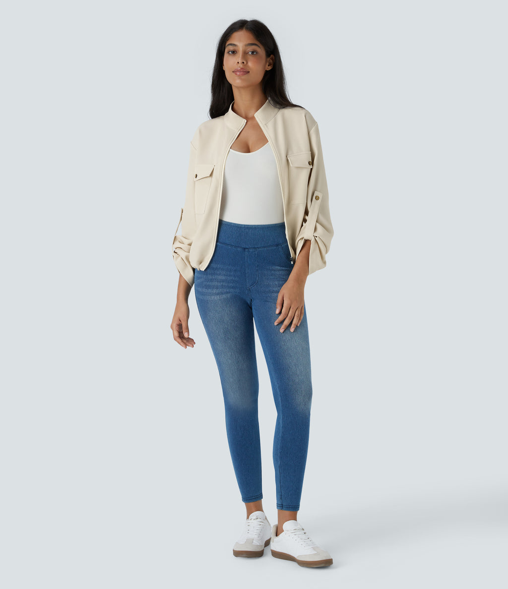 Stand Collar Roll Tab Sleeve Flap Pocket Inside Drawstring Hem Zip Casual Jacket — Arctic Wolf — view 7