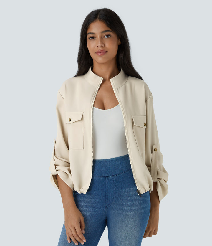 Stand Collar Roll Tab Sleeve Flap Pocket Inside Drawstring Hem Zip Casual Jacket — Arctic Wolf — view 1