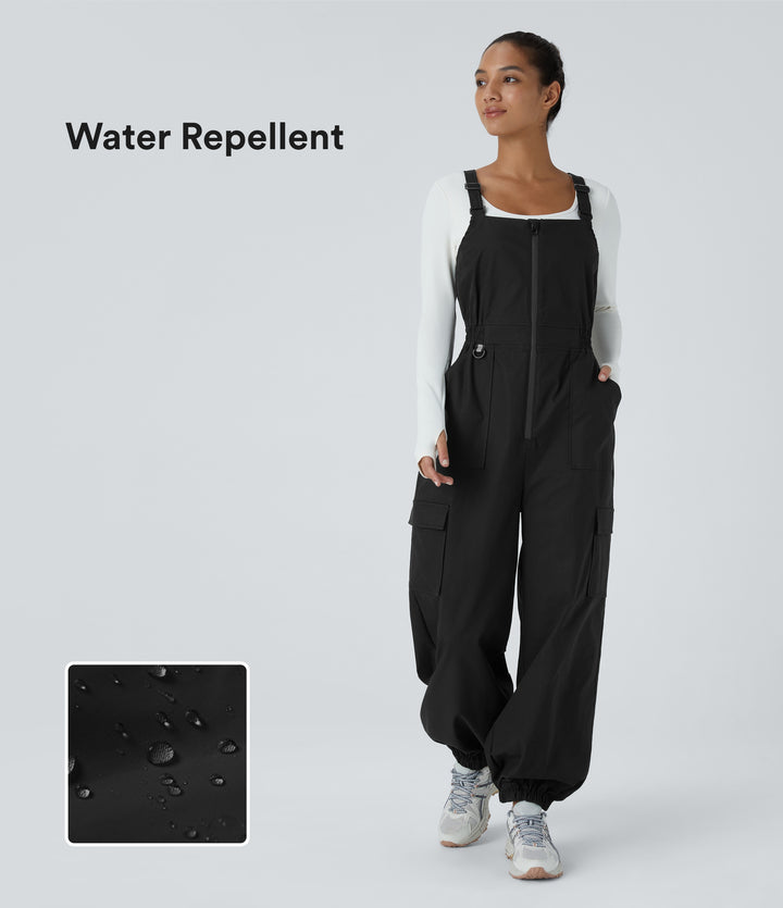 Water Repellent Wear-Resistant Adjustable Strap Crisscross Zipper Multiple Pockets Camping Dungarees — Black — view 1