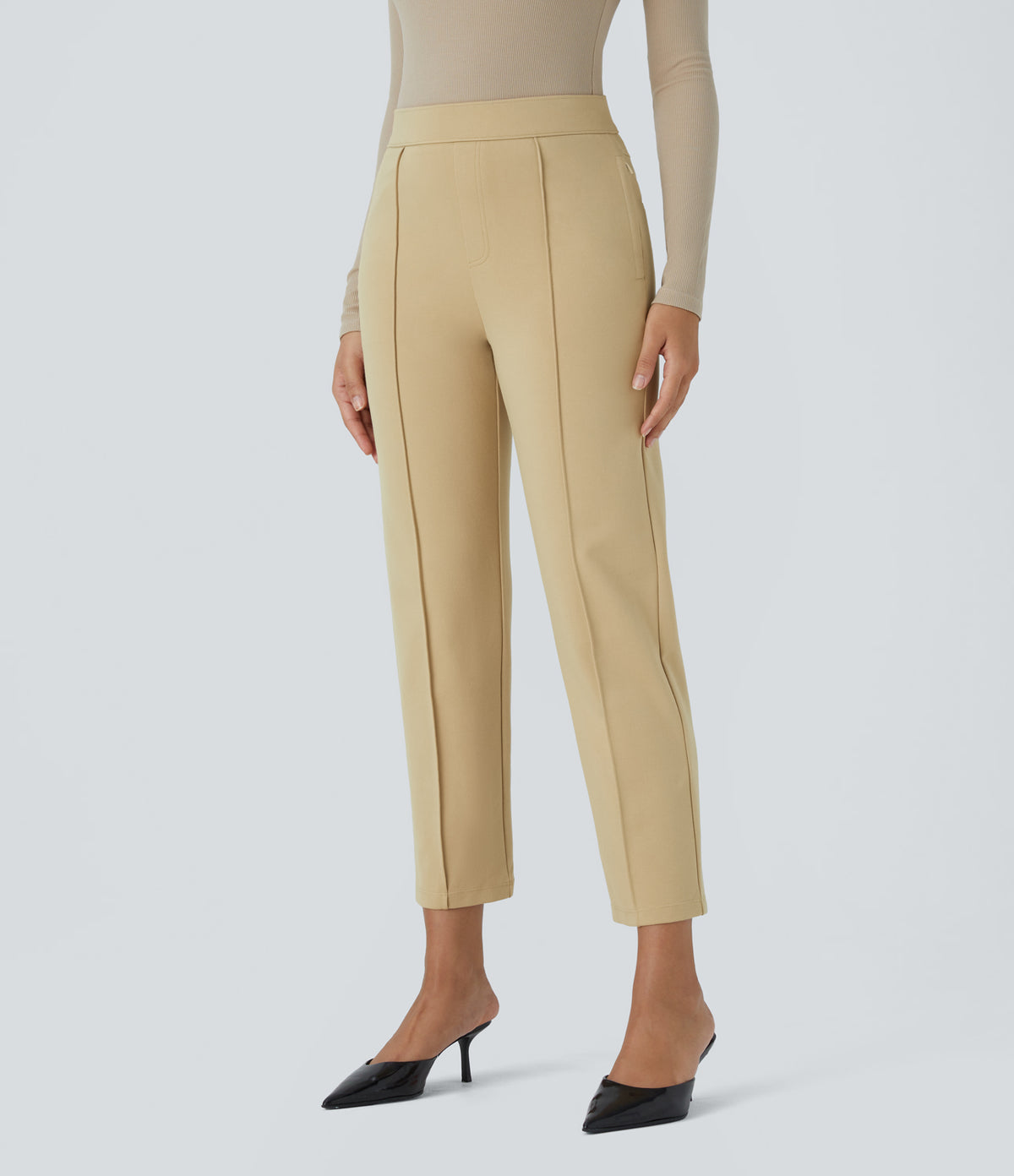 Mid High Waisted Tummy Control Side Zip Pocket Slim Work Trousers — Pebble — view 3