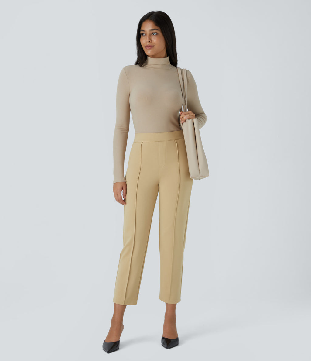 Mid High Waisted Tummy Control Side Zip Pocket Slim Work Trousers — Pebble — view 6