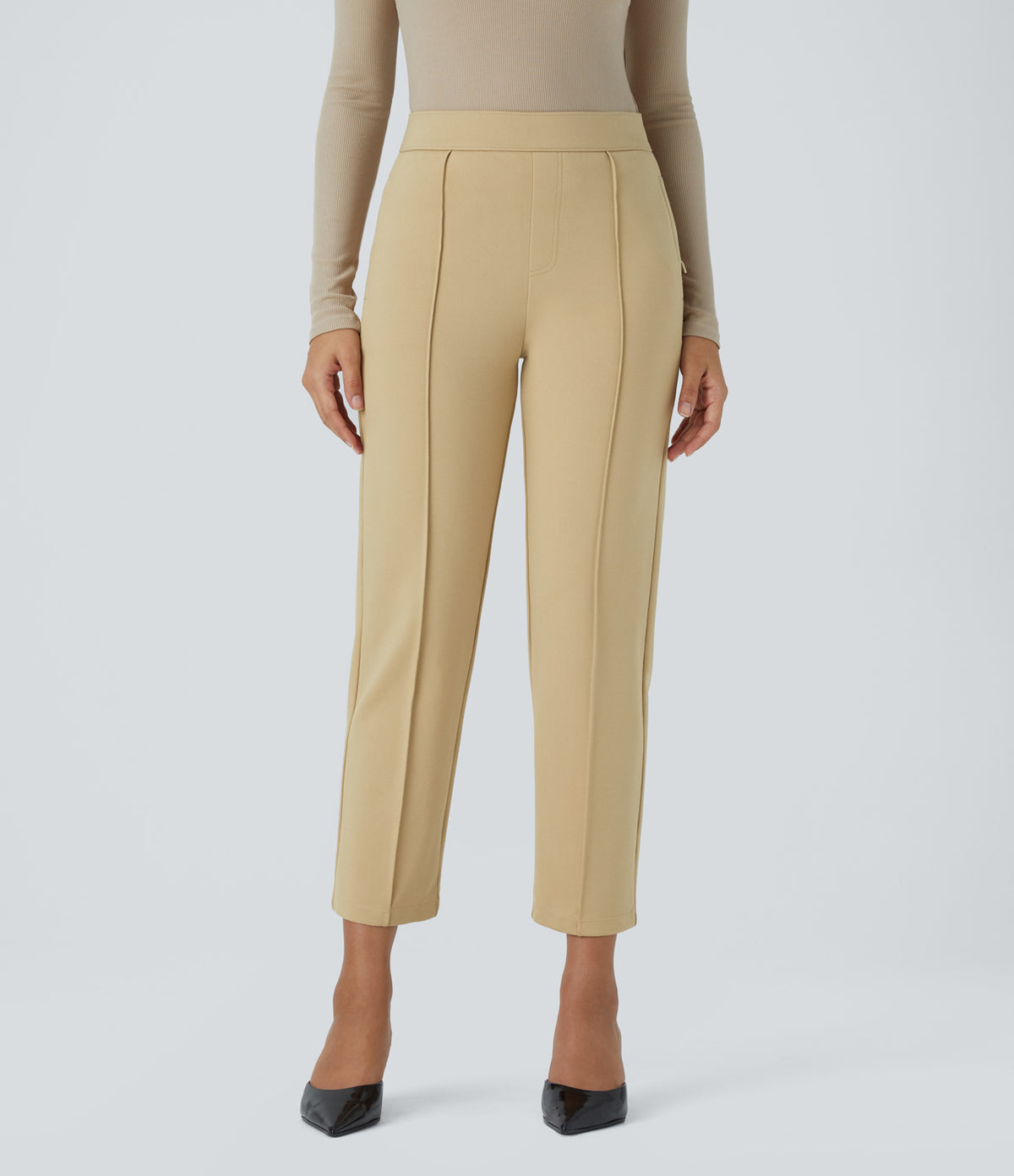 Mid High Waisted Tummy Control Side Zip Pocket Slim Work Trousers — Pebble — view 1