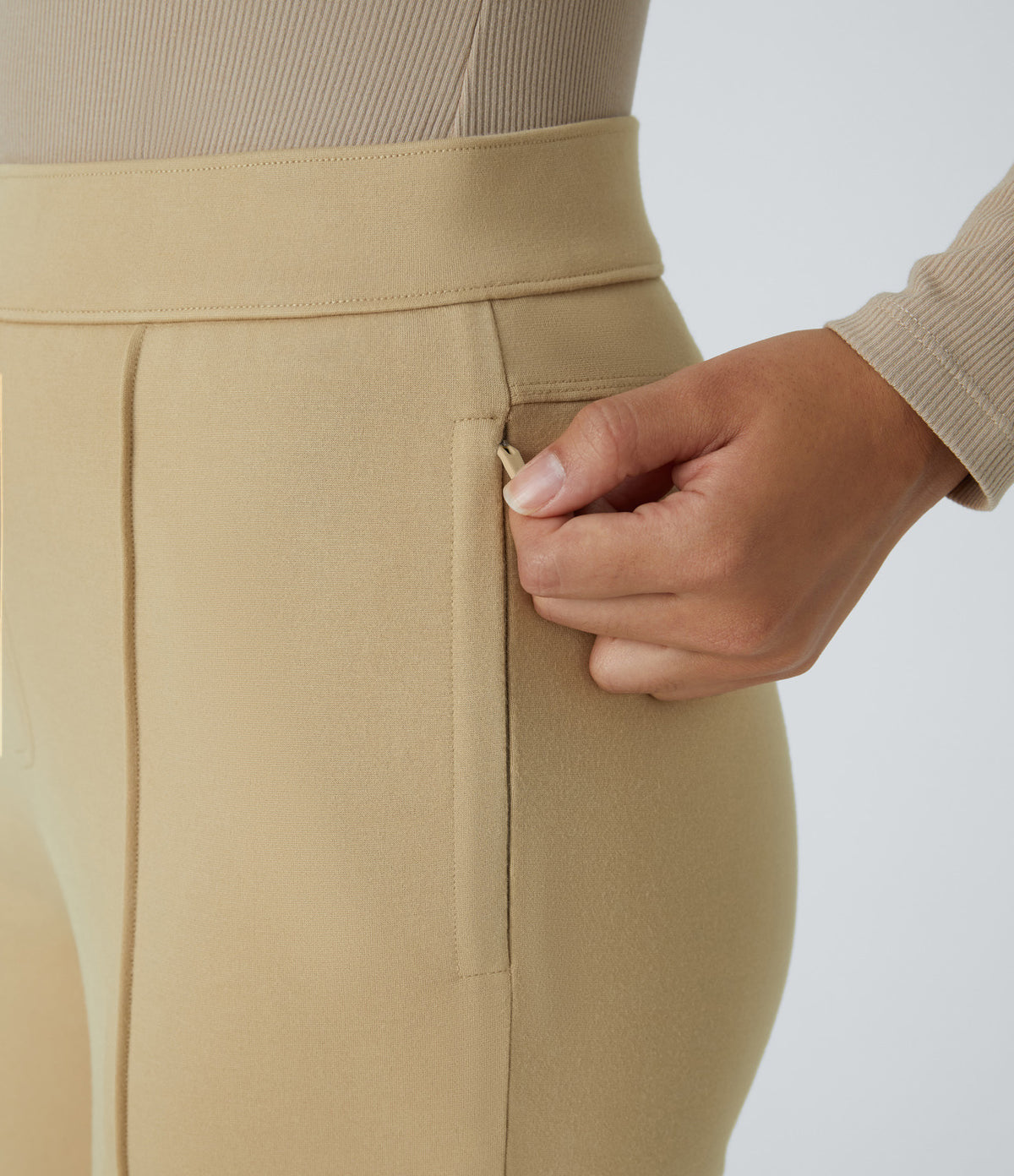 Mid High Waisted Tummy Control Side Zip Pocket Slim Work Trousers — Pebble — view 4