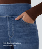 High Waisted Pockets Washed Casual Bootcut Jeans — Royal Blue Denim — view 6
