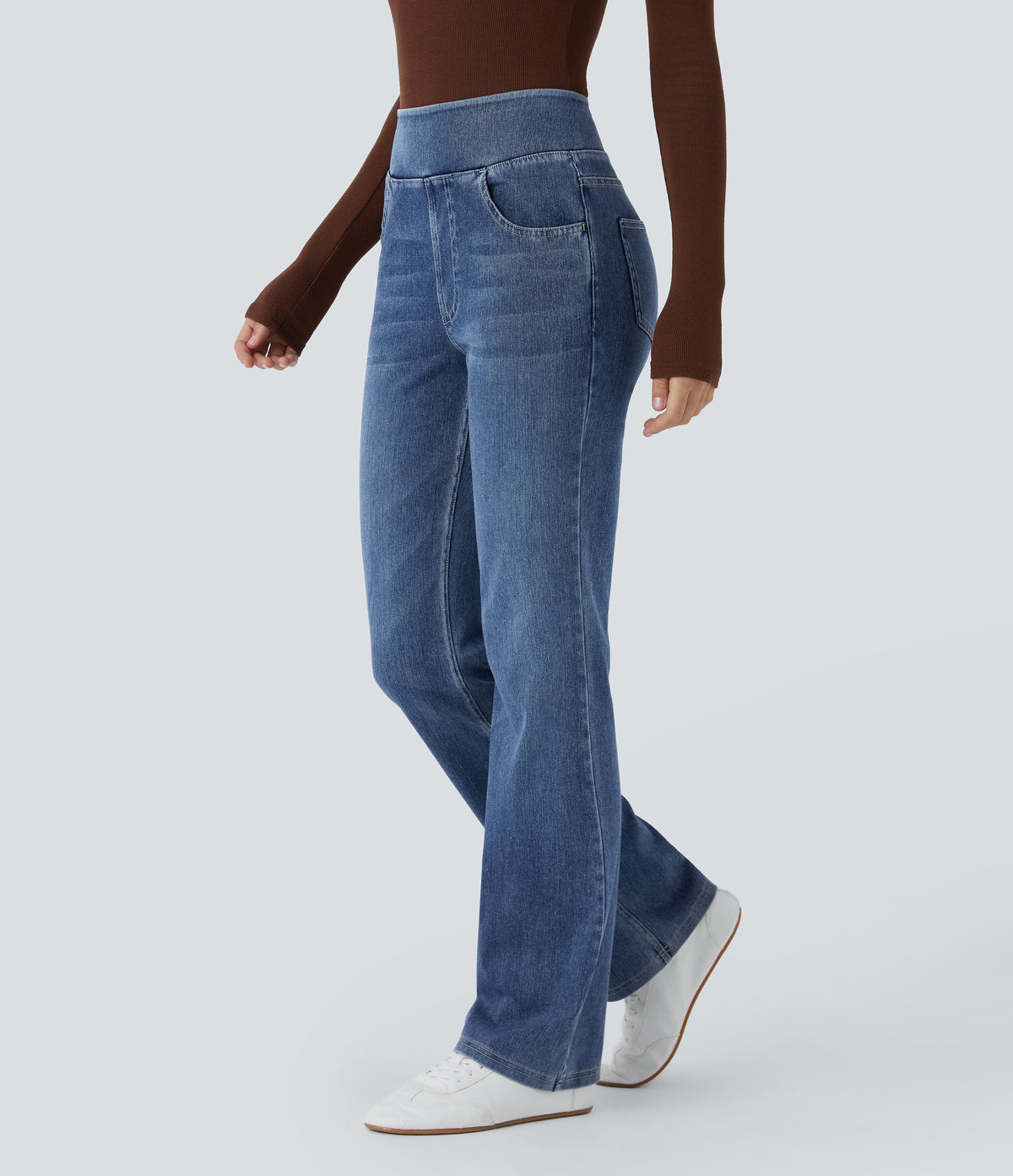 High Waisted Pockets Washed Casual Bootcut Jeans — Royal Blue Denim — view 8
