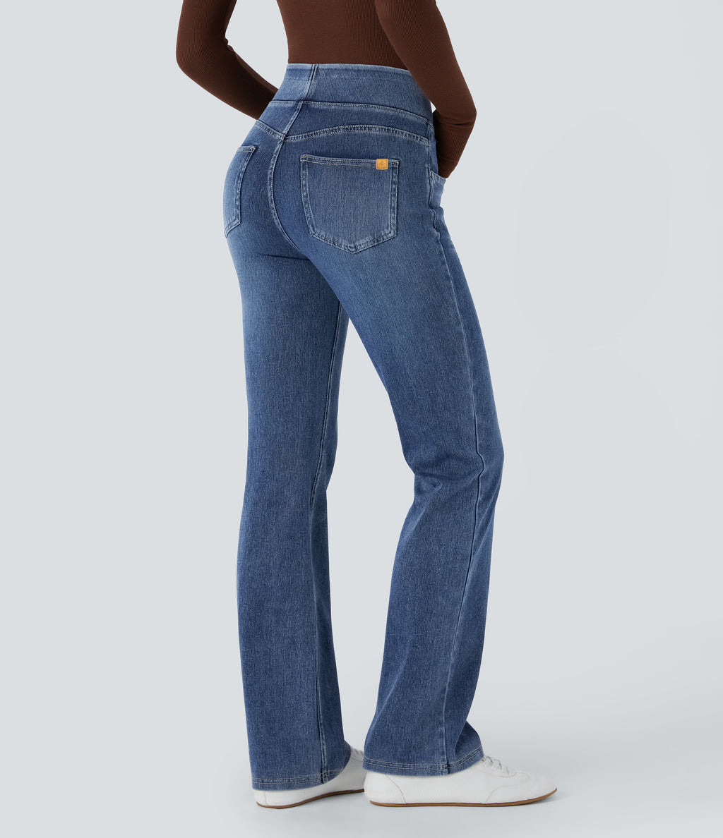 High Waisted Pockets Washed Casual Bootcut Jeans — Royal Blue Denim — view 2