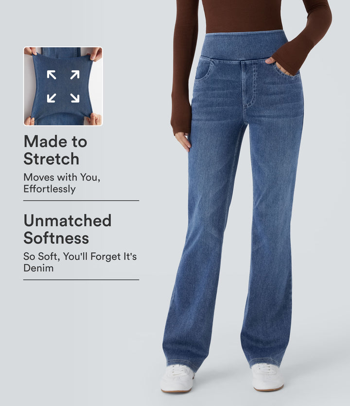 High Waisted Pockets Washed Casual Bootcut Jeans — Royal Blue Denim — view 1