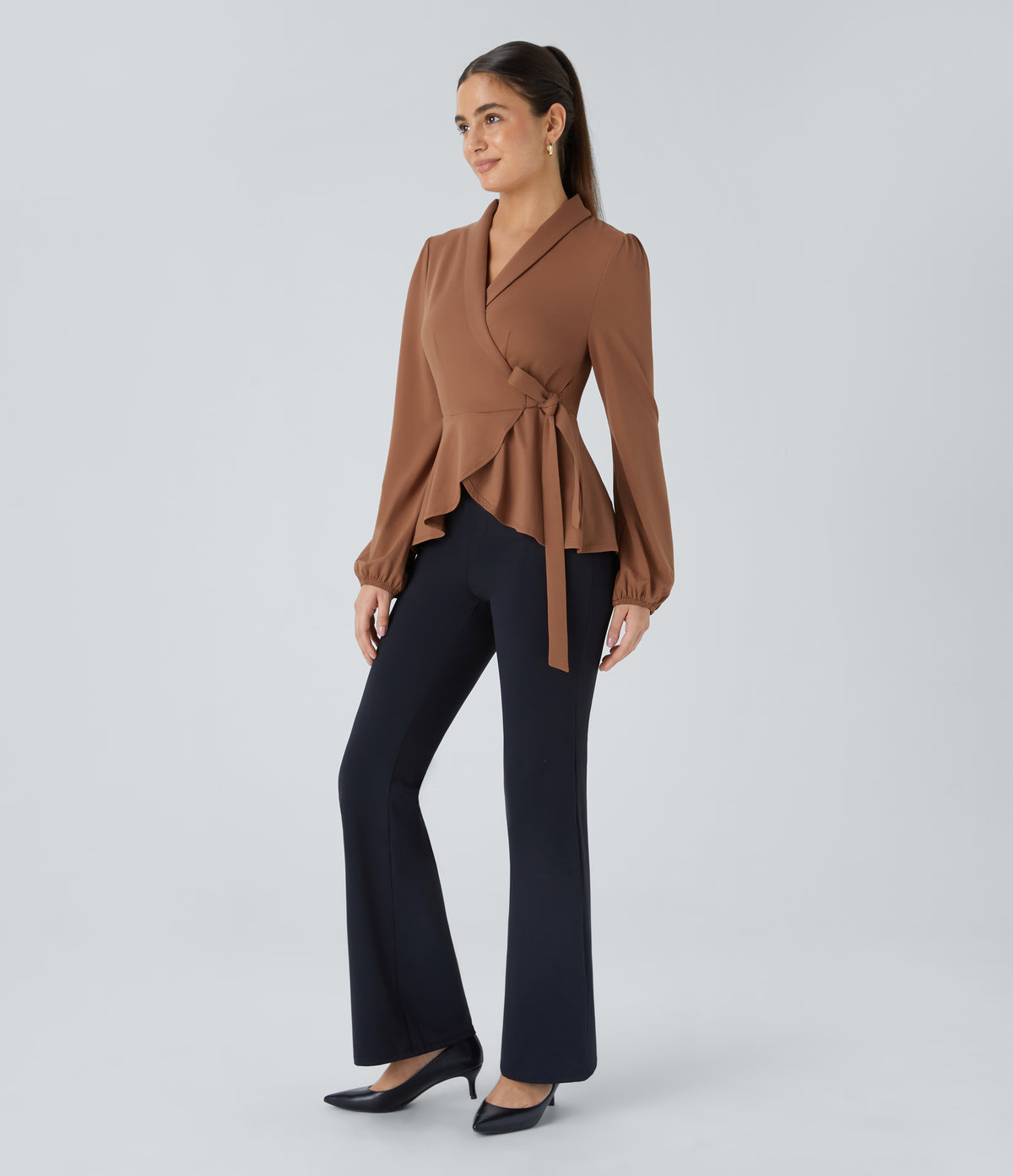 Shawl Collar Wrapped Tie Side Ruffle Hem Work Blouse — Rust Red — view 7