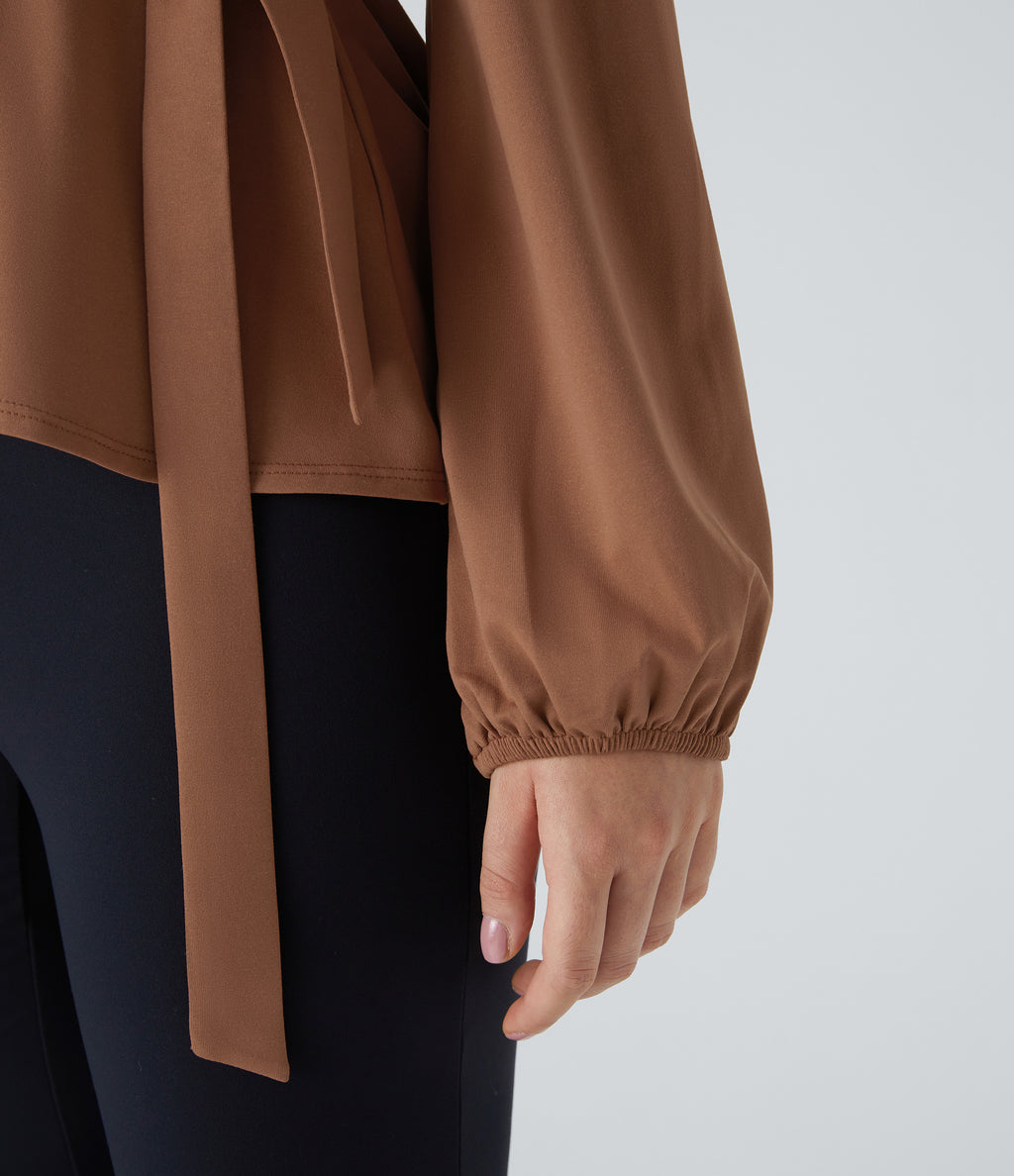Shawl Collar Wrapped Tie Side Ruffle Hem Work Blouse — Rust Red — view 6