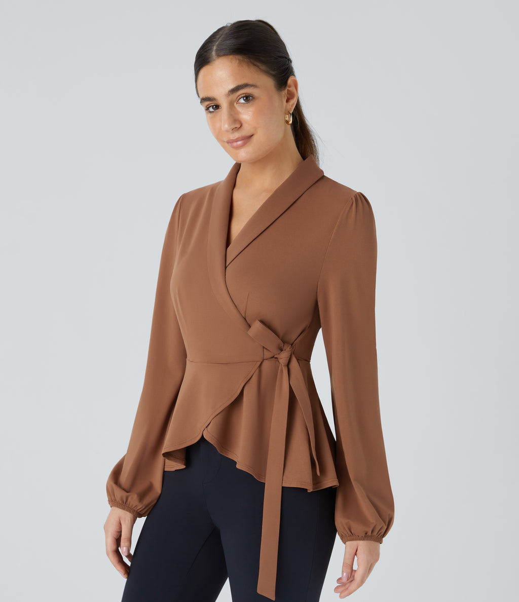 Shawl Collar Wrapped Tie Side Ruffle Hem Work Blouse — Rust Red — view 1