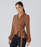 Shawl Collar Wrapped Tie Side Ruffle Hem Work Blouse — Rust Red — view 1