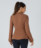 Shawl Collar Wrapped Tie Side Ruffle Hem Work Blouse — Rust Red — view 2