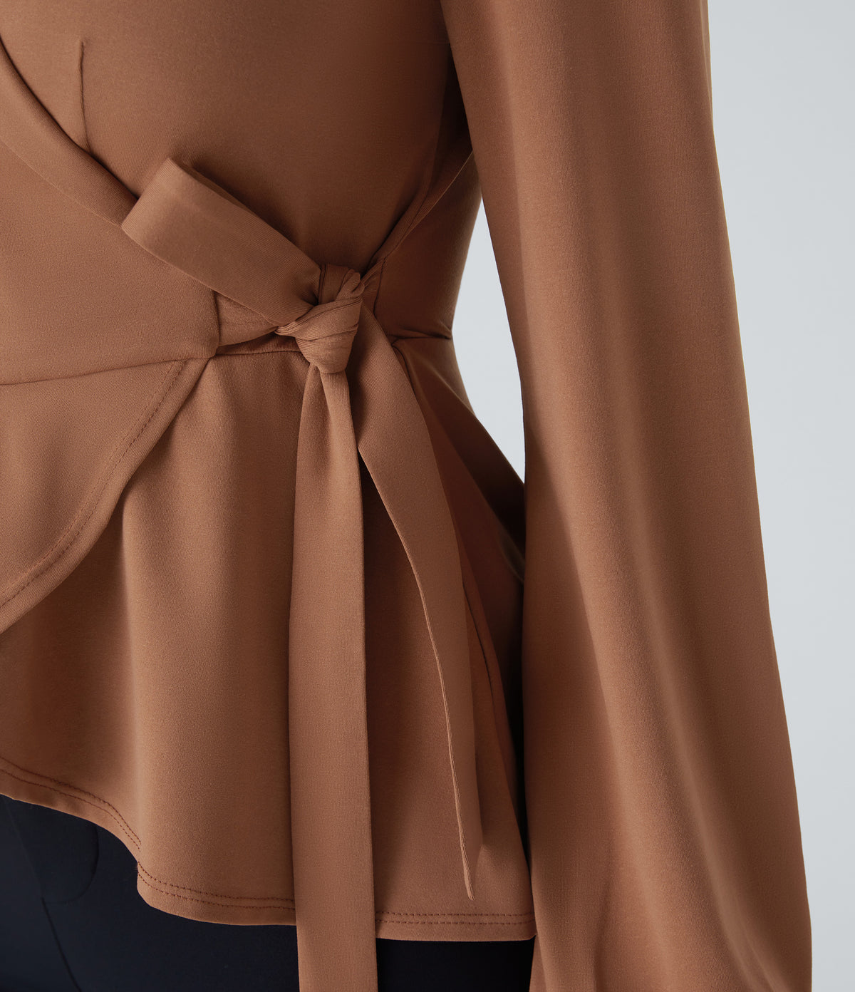 Shawl Collar Wrapped Tie Side Ruffle Hem Work Blouse — Rust Red — view 5