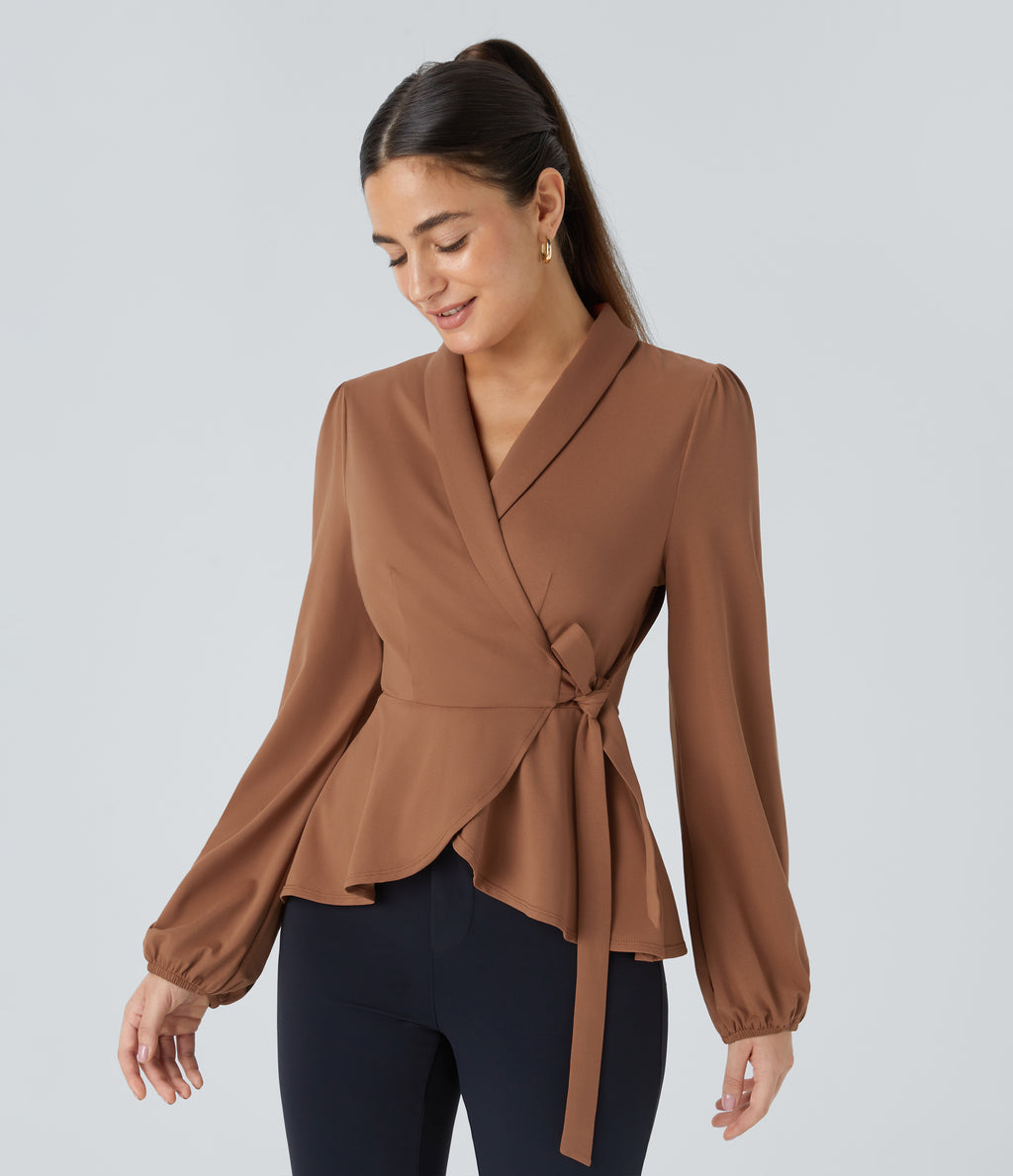 Shawl Collar Wrapped Tie Side Ruffle Hem Work Blouse — Rust Red — view 3