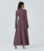 Mock-neck Long Sleeve Pocket Flare Maxi Casual Dress — Plum Wine — view 2