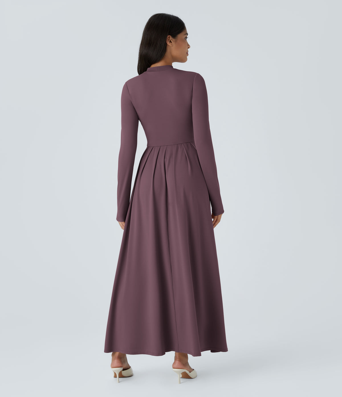 Mock-neck Long Sleeve Pocket Flare Maxi Casual Dress — Plum Wine — view 2