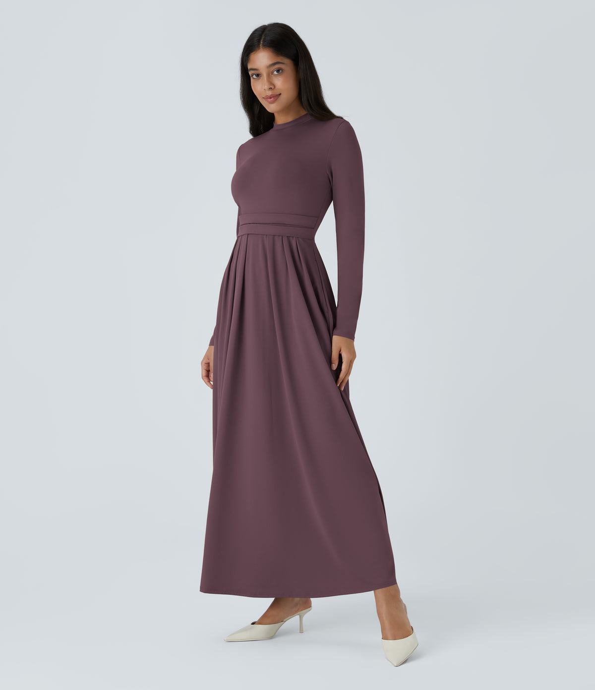 Mock-neck Long Sleeve Pocket Flare Maxi Casual Dress — Plum Wine — view 3