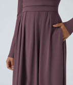 Mock-neck Long Sleeve Pocket Flare Maxi Casual Dress — Plum Wine — view 5