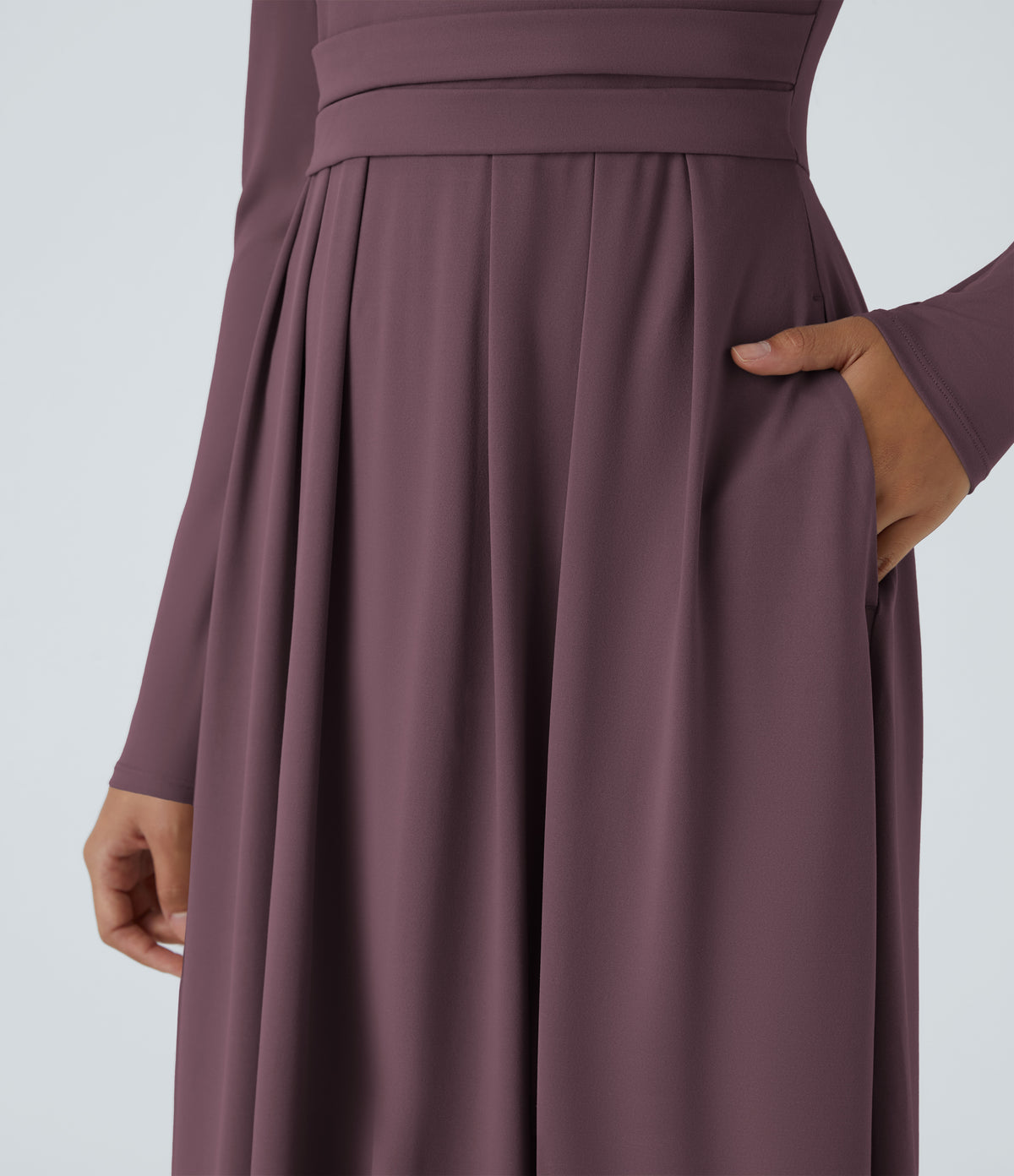 Mock-neck Long Sleeve Pocket Flare Maxi Casual Dress — Plum Wine — view 5