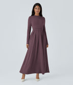 Mock-neck Long Sleeve Pocket Flare Maxi Casual Dress — Plum Wine — view 1
