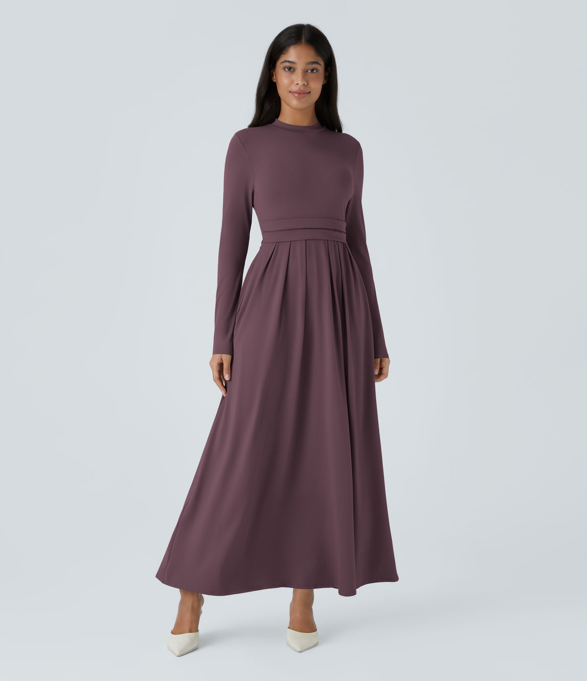 Mock-neck Long Sleeve Pocket Flare Maxi Casual Dress — Plum Wine — view 1