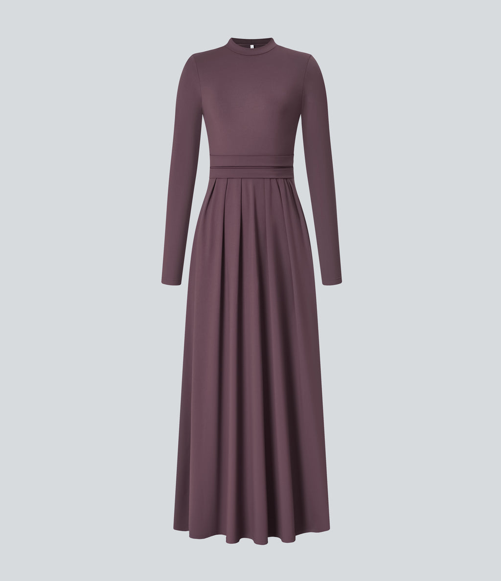 Mock-neck Long Sleeve Pocket Flare Maxi Casual Dress — Plum Wine — view 6