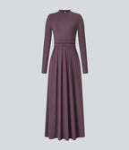 Mock-neck Long Sleeve Pocket Flare Maxi Casual Dress — Plum Wine — view 6