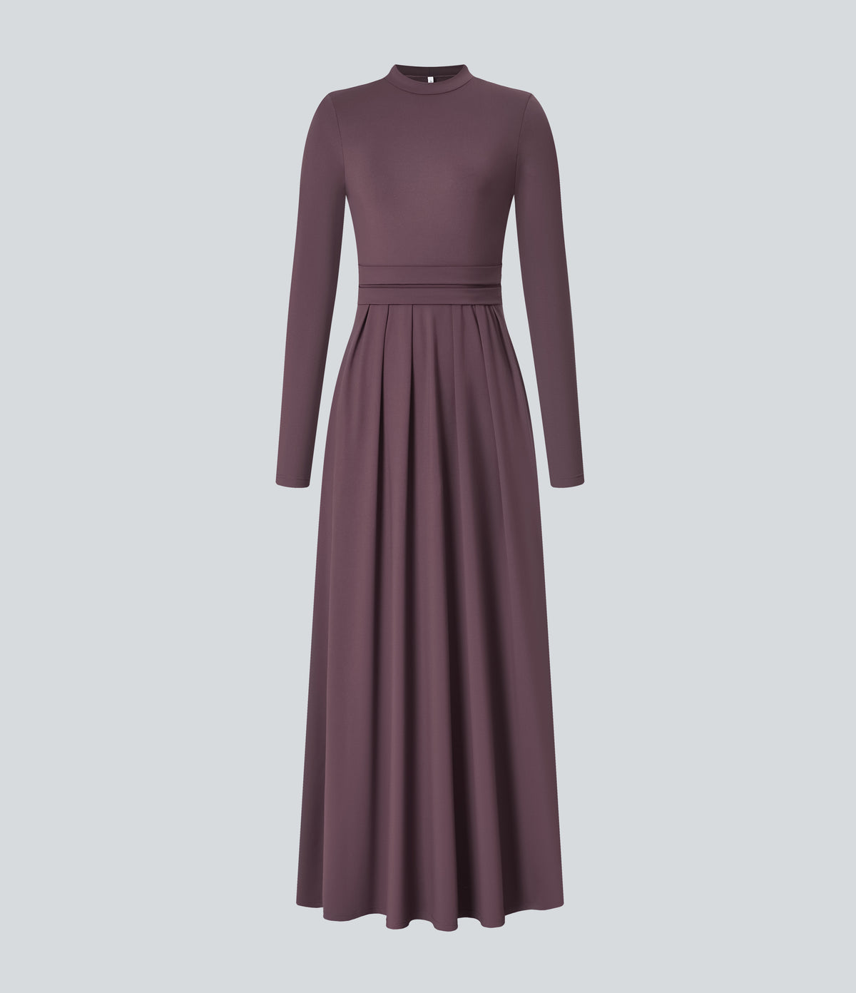 Mock-neck Long Sleeve Pocket Flare Maxi Casual Dress — Plum Wine — view 6