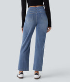 High Waisted Pockets Straight Leg Washed Casual Jeans — Blue Gray Denim — view 2