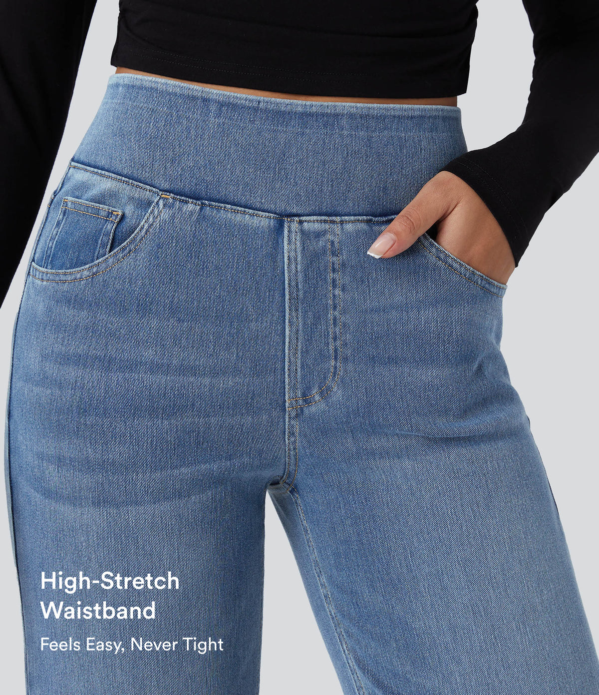 High Waisted Pockets Straight Leg Washed Casual Jeans — Blue Gray Denim — view 5