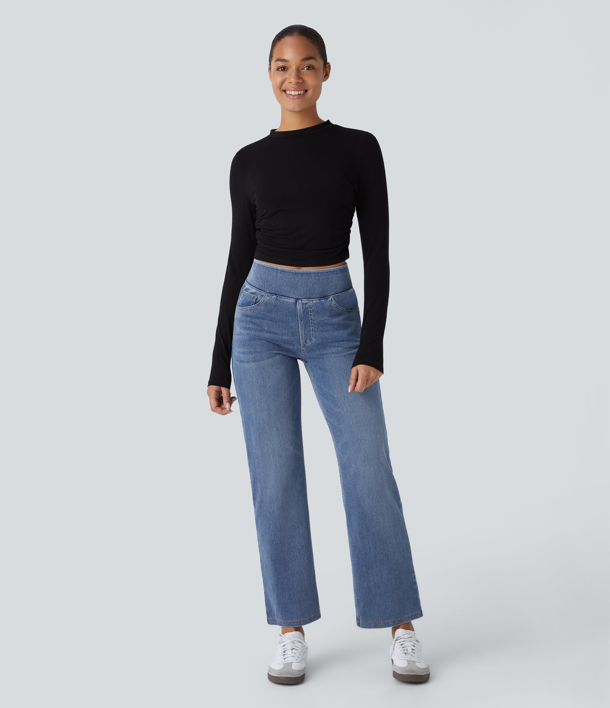 High Waisted Pockets Straight Leg Washed Casual Jeans — Blue Gray Denim — view 8