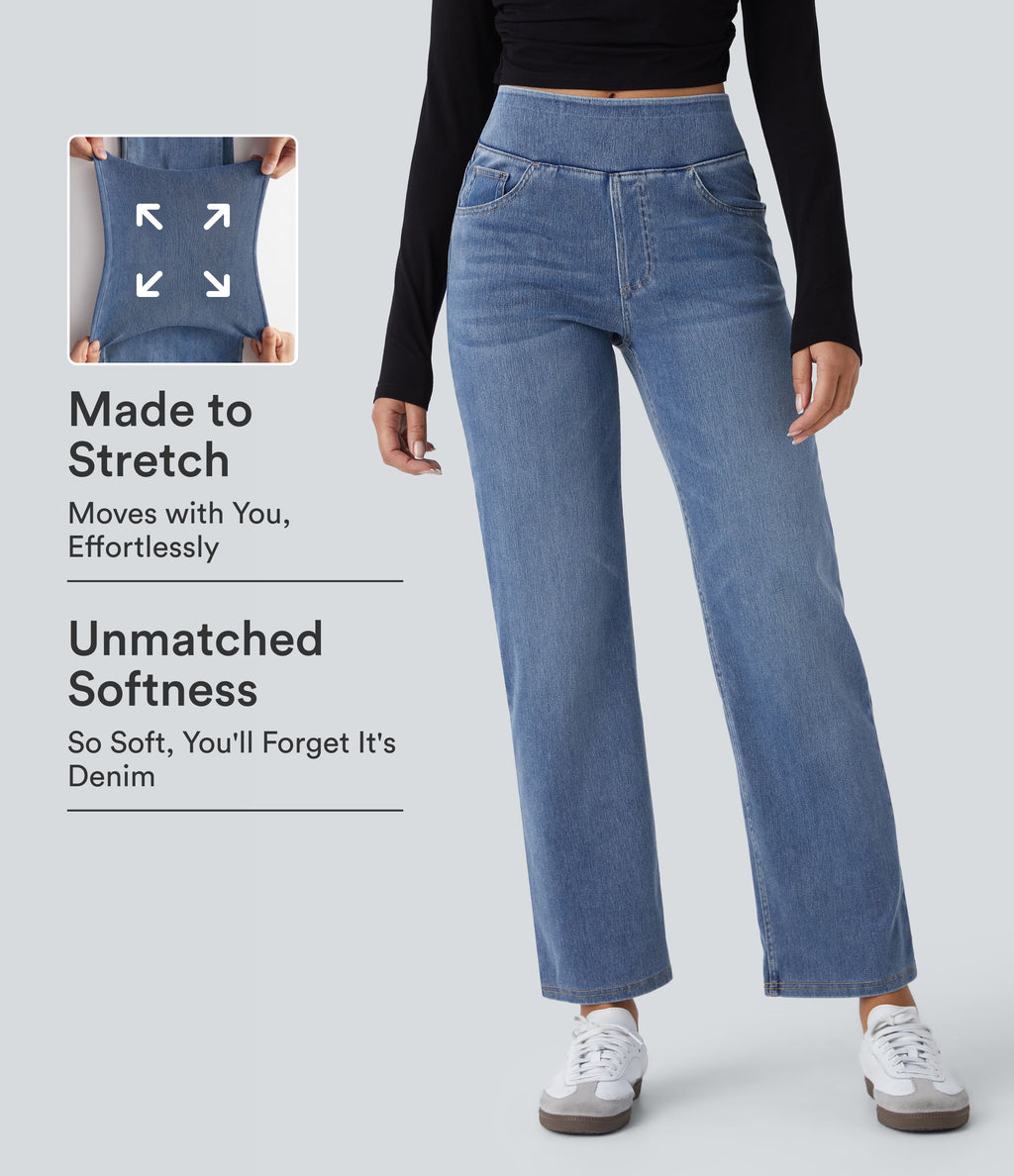 High Waisted Pockets Straight Leg Washed Casual Jeans — Blue Gray Denim — view 1