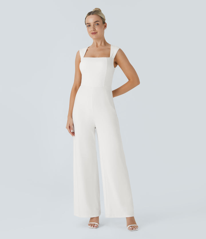 Square Neck Sleeveless Party Jumpsuit — White — view 1