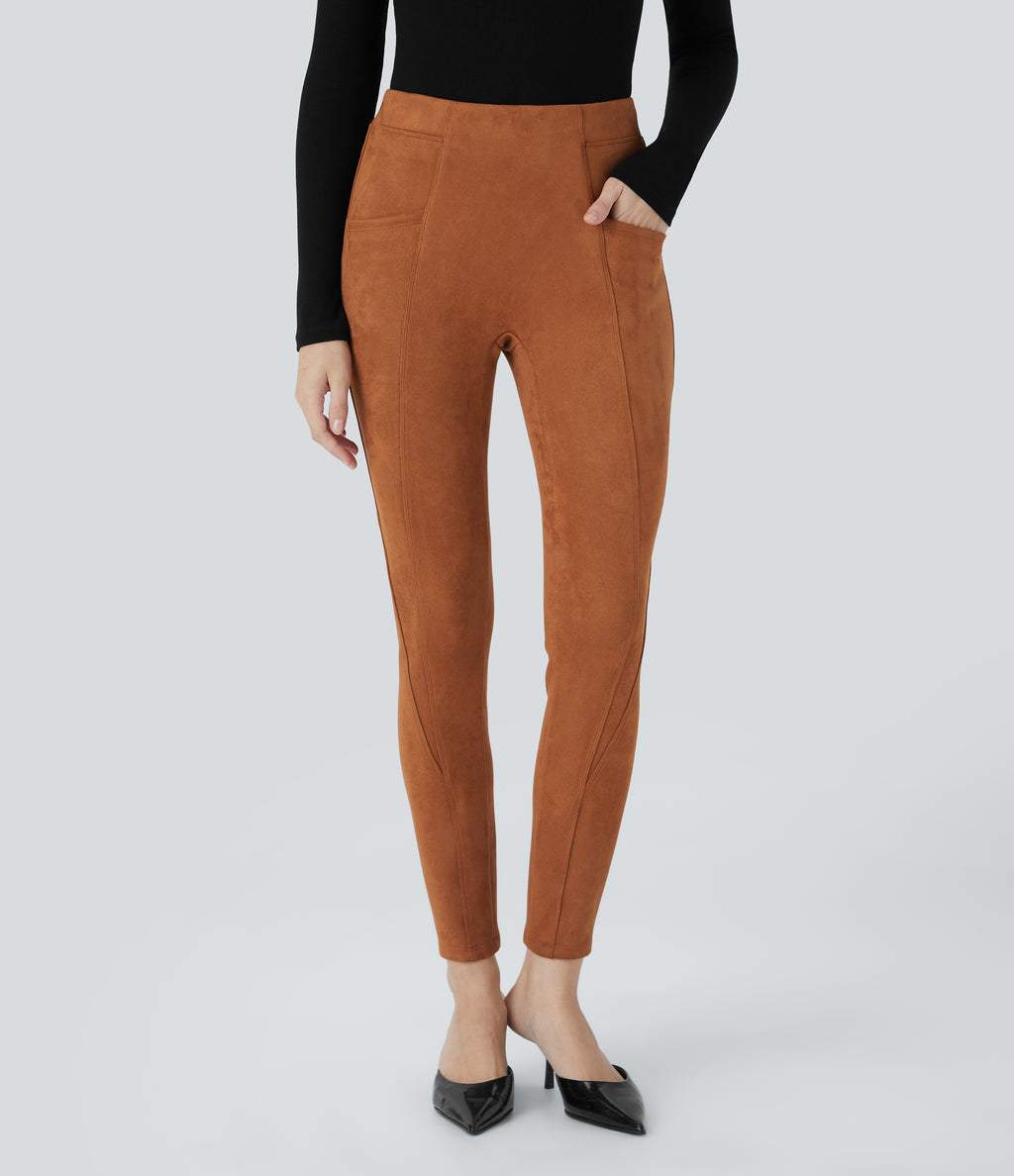 High Waisted Tummy Control Side Pocket Suede Casual Leggings — Autumnal — view 3