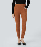 High Waisted Tummy Control Side Pocket Suede Casual Leggings — Autumnal — view 3